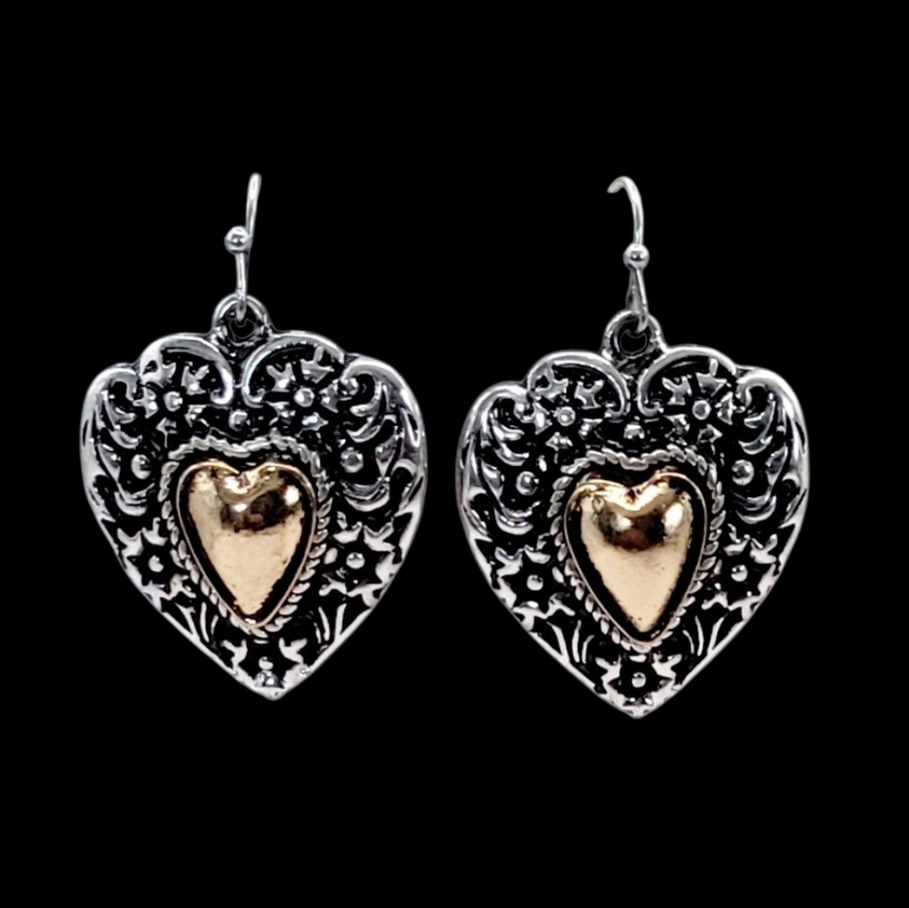 Two Tone Detailed Silver And Gold Heart Earrings New - Picture 2 of 4